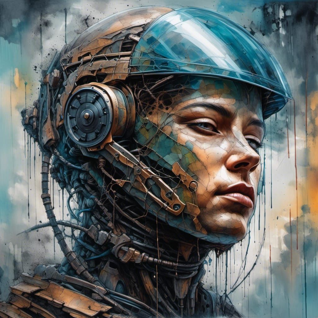 Double exposure, portrait of a cyberpunk robot villain wearihng a battle helmet and visor, with a cyberpunk megacity bac...