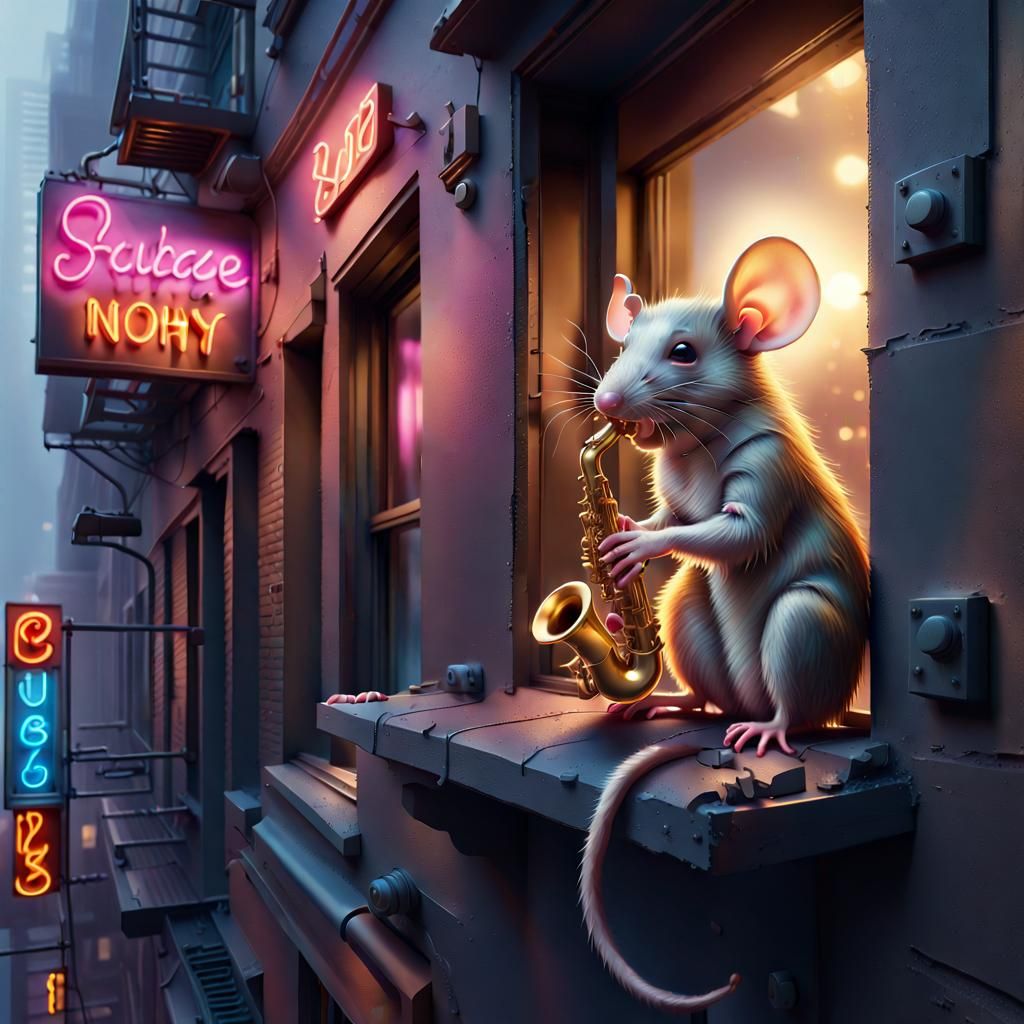 Hyperrealistic Rat Saxophonist in Neon Cityscape