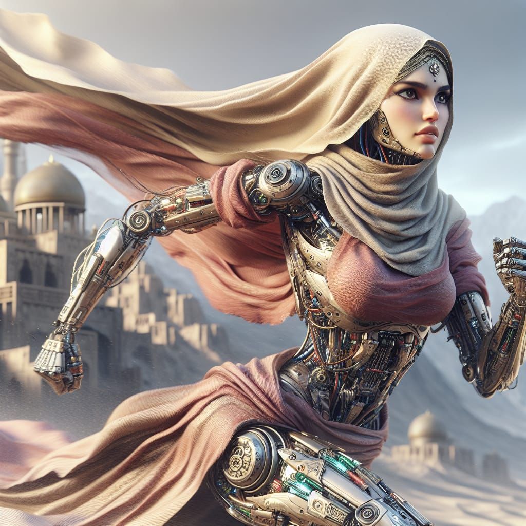 Middle-Eastern Cyborg Runner in Matte Painting Style