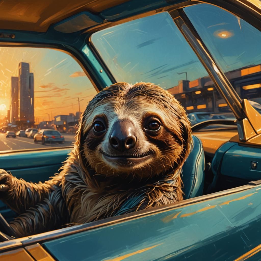 Sloth Driver in Race Car: Matte Painting Style