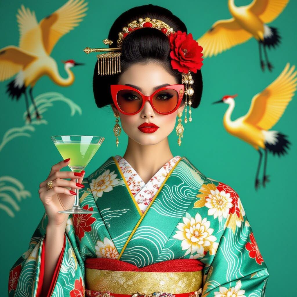 Glamorous Woman in Kimono with Cranes and Waves