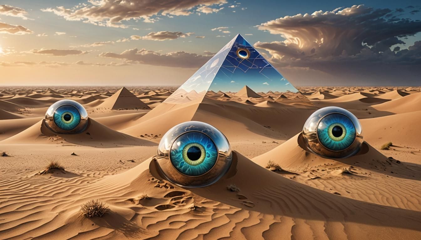 Ethereal Glass Pyramids in a Shifting Desert