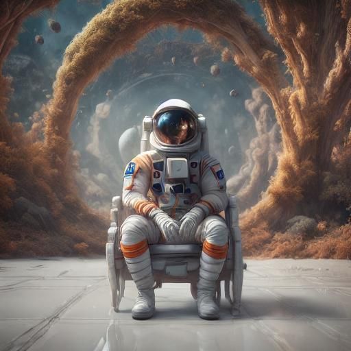 Astronaut Leaning Against Tree, Detailed Matte Painting