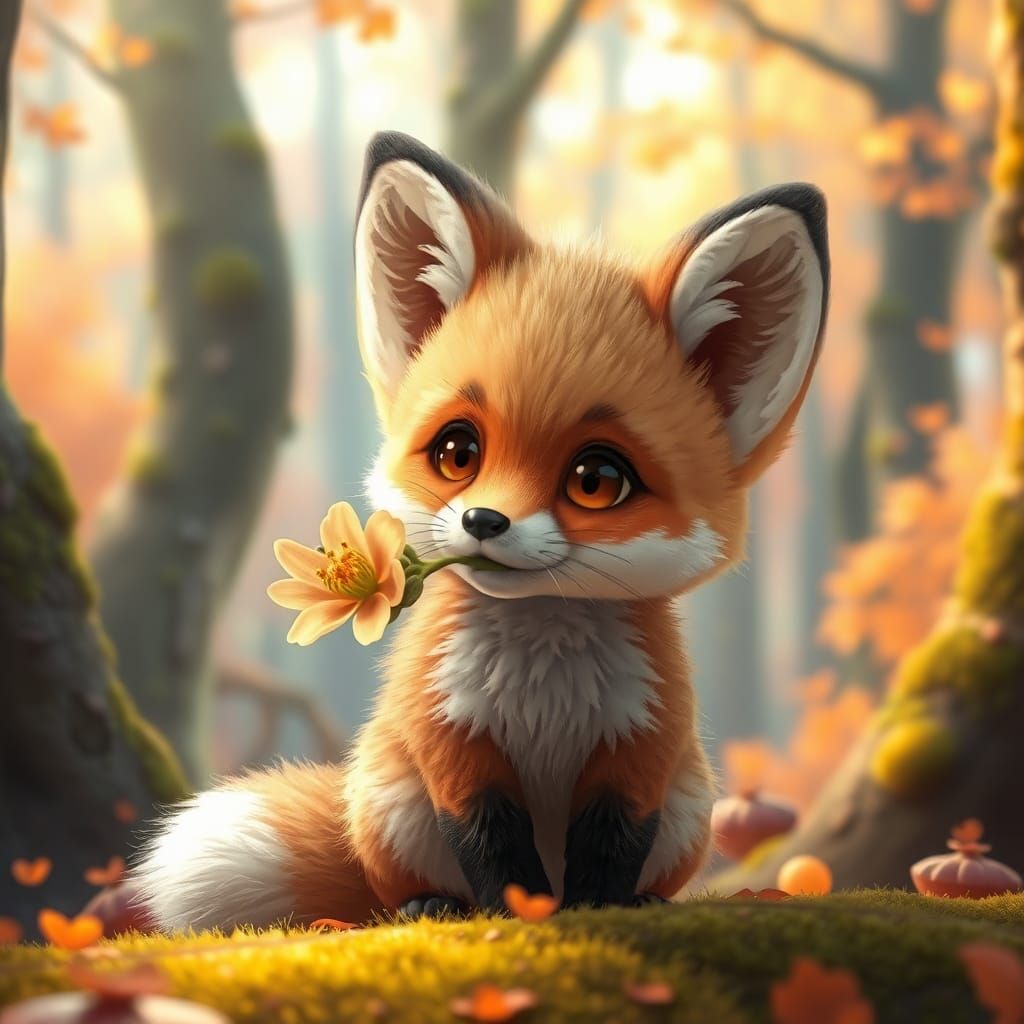 A cute fox holding a flower in the forest