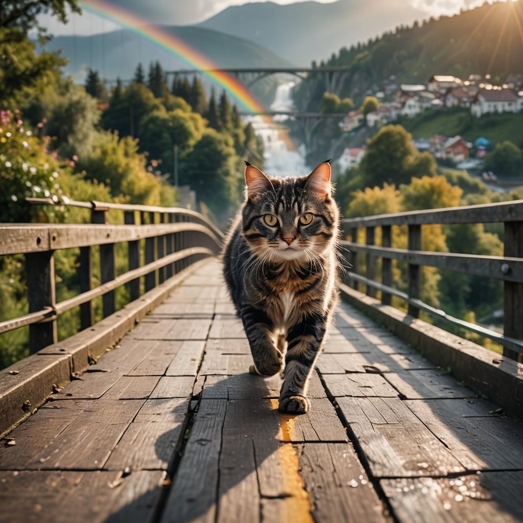 Cat Runs Over Rainbow Bridge into Landscape
