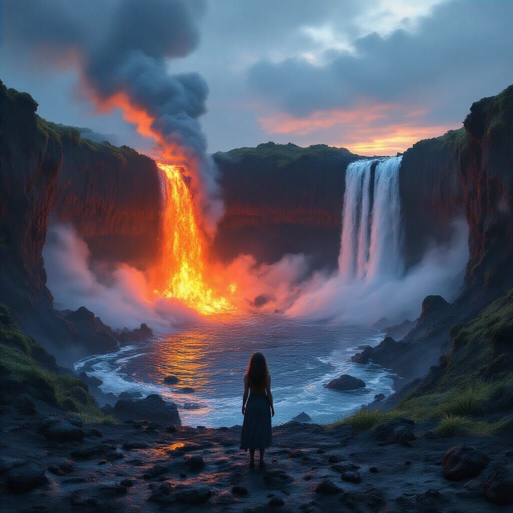 Twilight Amphitheater: Waterfall Meets Lava in CGI Render