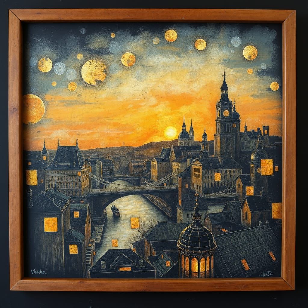 Kintsugi Mosaic Cityscape with Dreamlike Surrealism