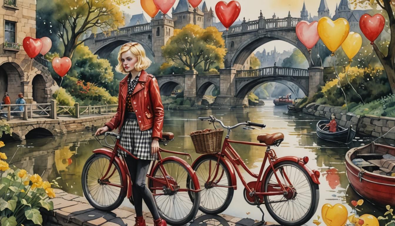 Surreal River Scene with Jester in Watercolour Style