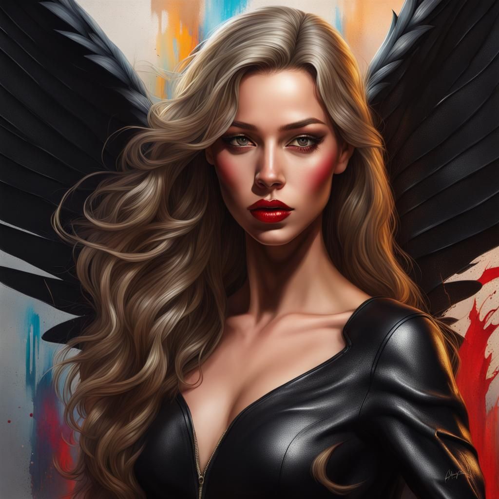 Angel with Black Wings in Hyperrealistic Style