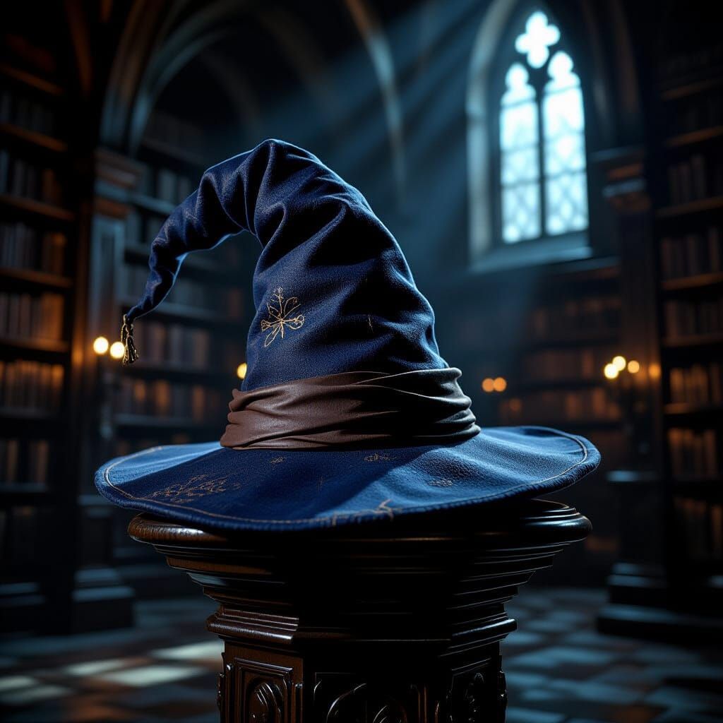 Sorting Hat from Hogwarts in Ancient Library