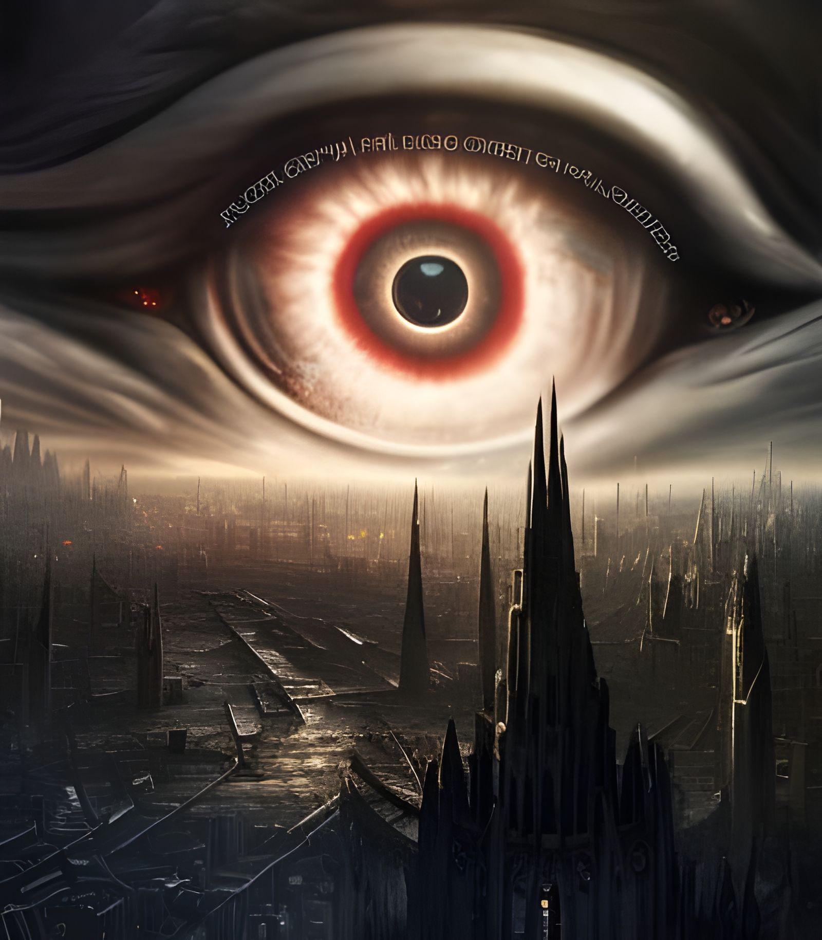 Burning Eye of Sauron Over Dystopian City