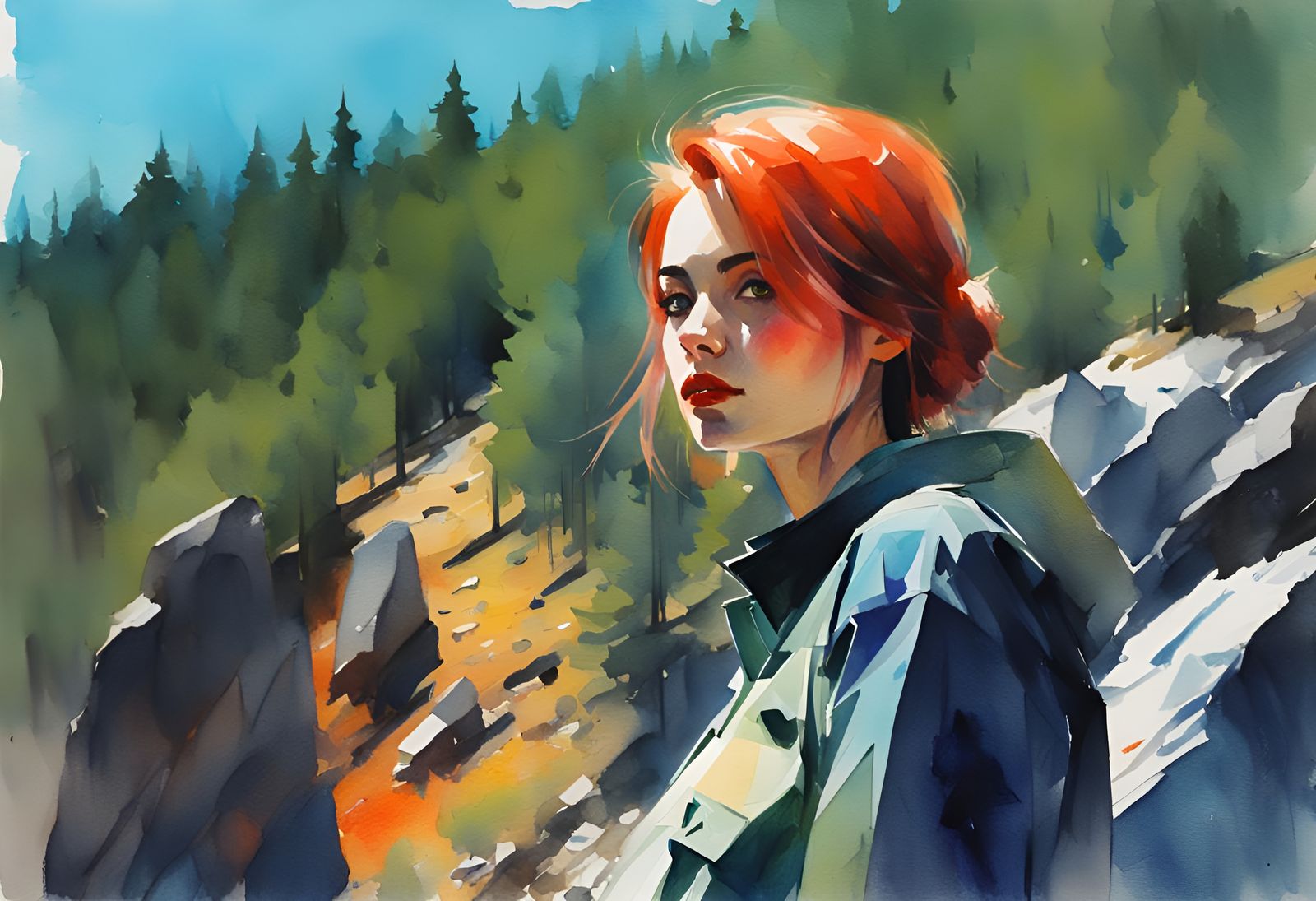 Watercolor Woman Mountain Landscape, Comic Book Art Style
