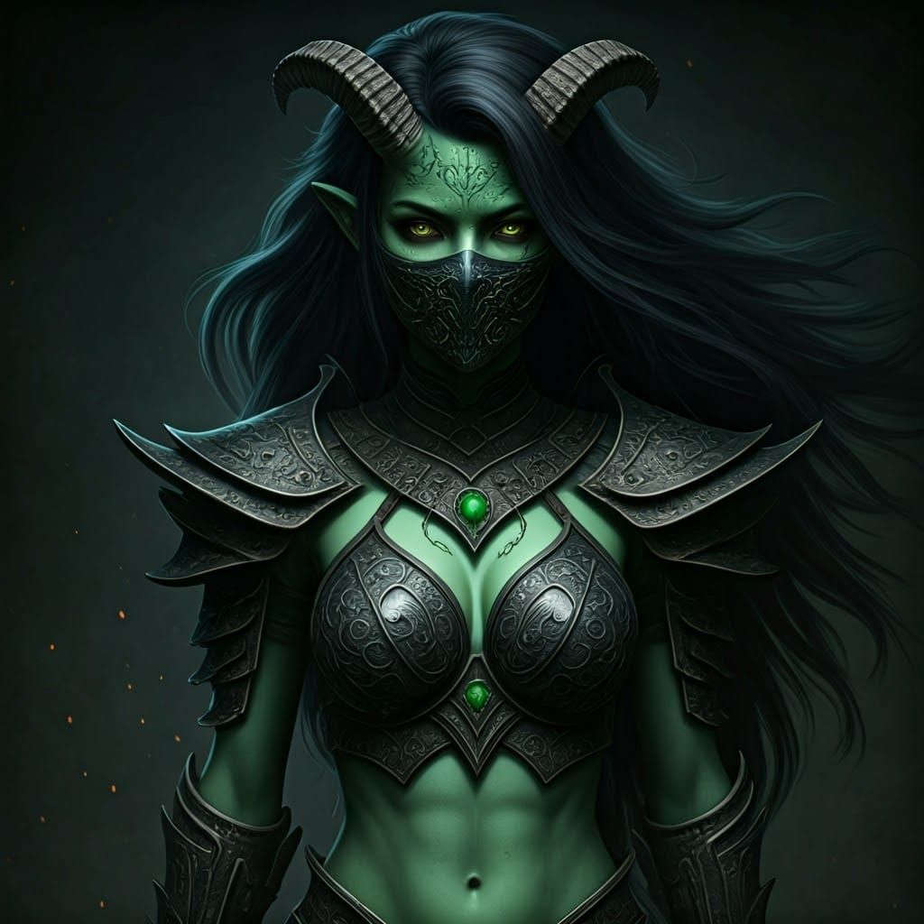 Dark Fantasy Demon Girl in Heroic Pose with Mask and Horns