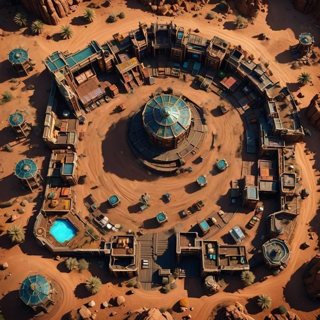 Dystopian Desert Casino Hideout: Top-Down Matte Painting