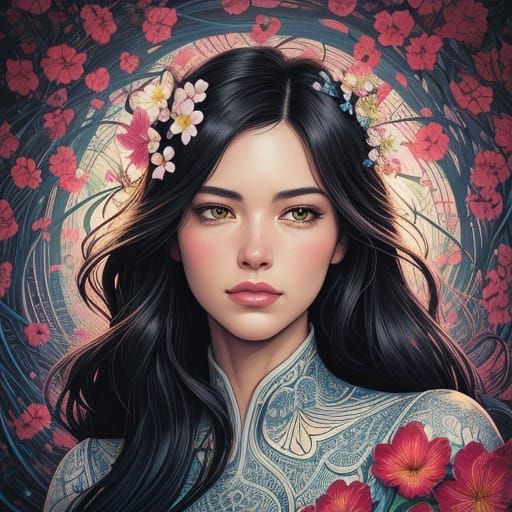 Woman Surrounded by Flowers in Comic Art Style