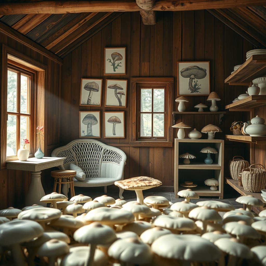 Whimsical Mushroom Haven in Warm, Cozy Cabin