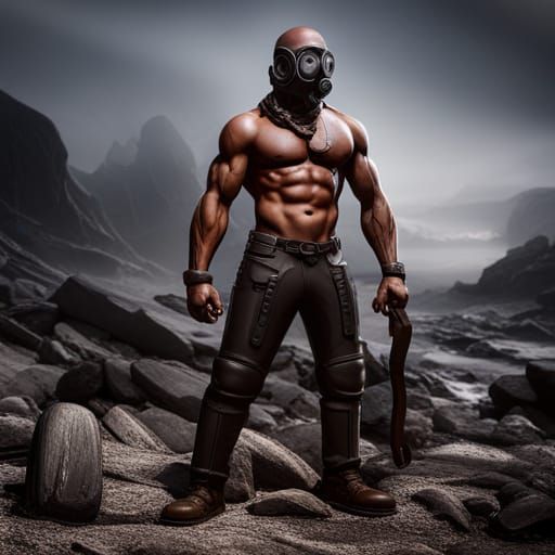 Muscular Man in Gas Mask, Detailed Matte Painting