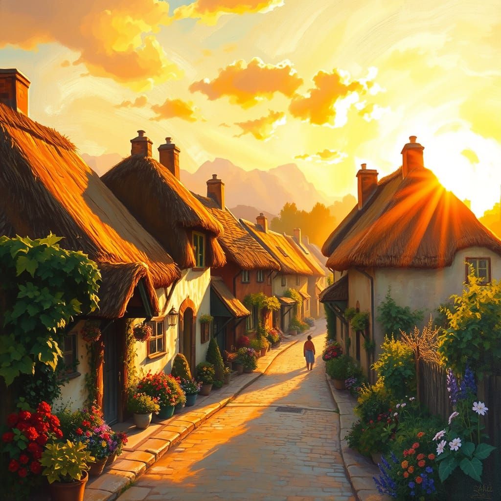 Idyllic Village Scene in Impressionist Style