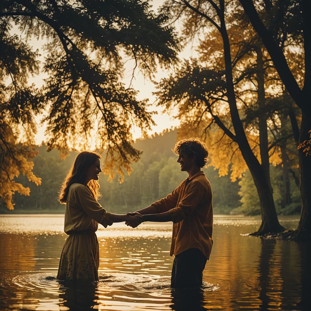 Friends Embrace at Sunset: Cinematic Film Still