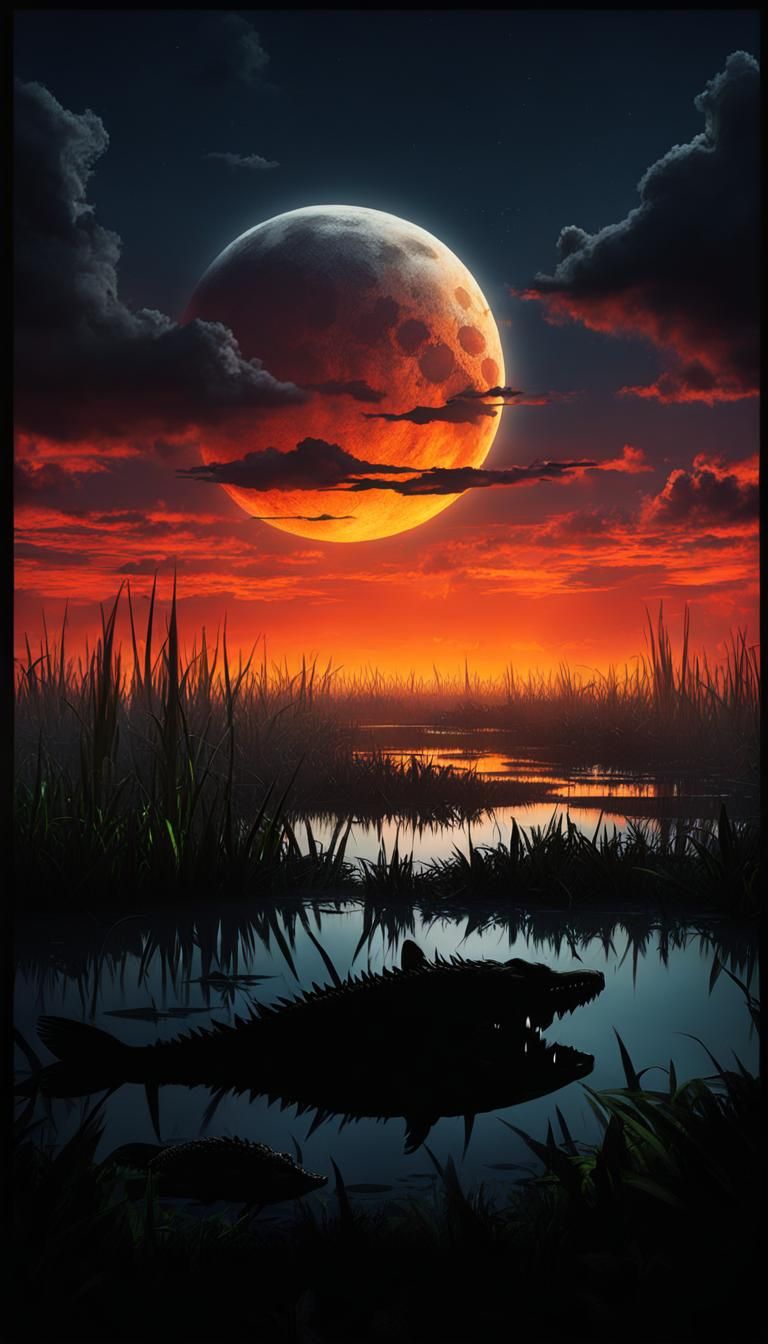 Hyperrealistic Alligator in a Hellish Swamp