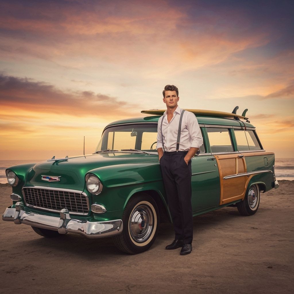 1950s Man with Surfboard and Woody Car at Sunset