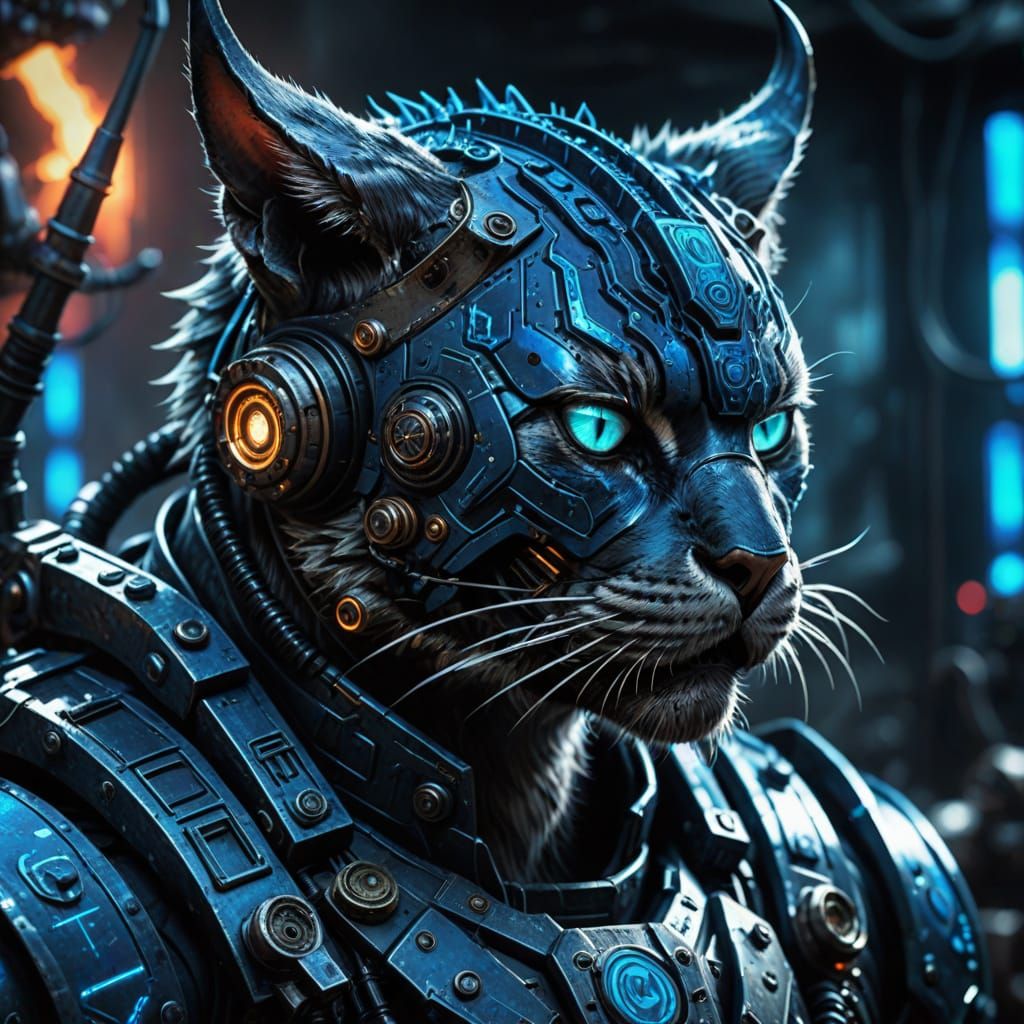 Armored Cat Operator in Heavy Metal Industrial Style