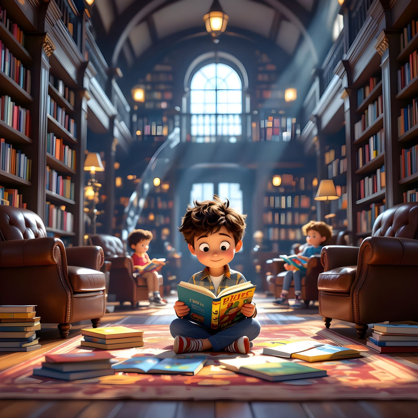 Child Reading Surrounded by Books, 3D Digital Art