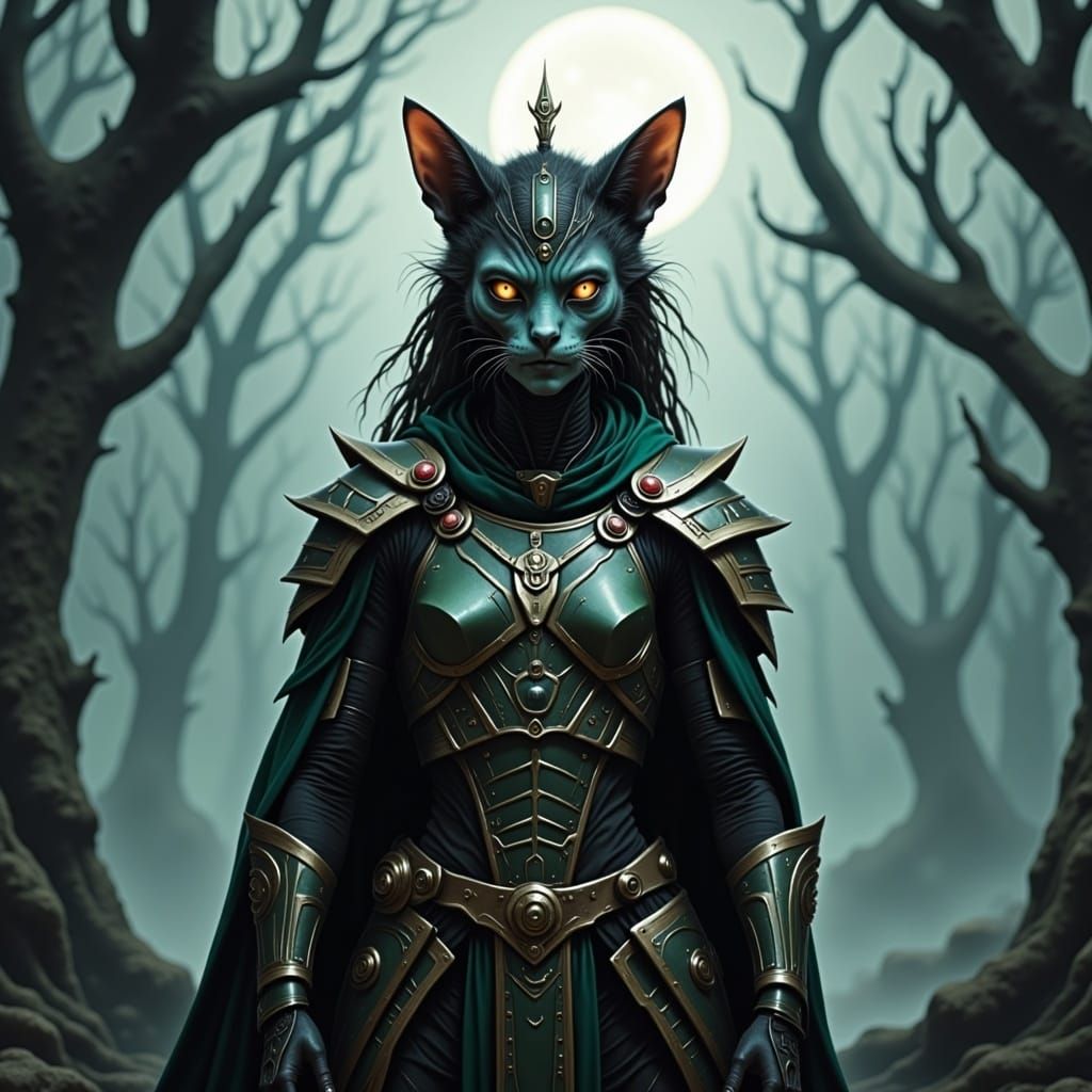 Victorious Armored Cat Warrior in Mystic Forest