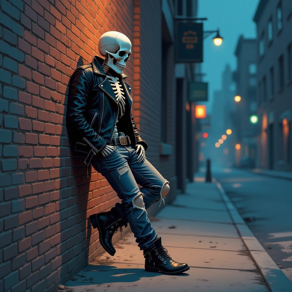 Skeleton Biker on Dimly Lit Street Corner