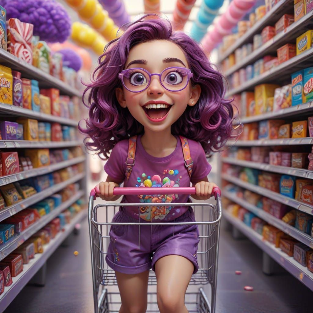 Chibi Woman Pushing Giant Shopping Cart in Candyland