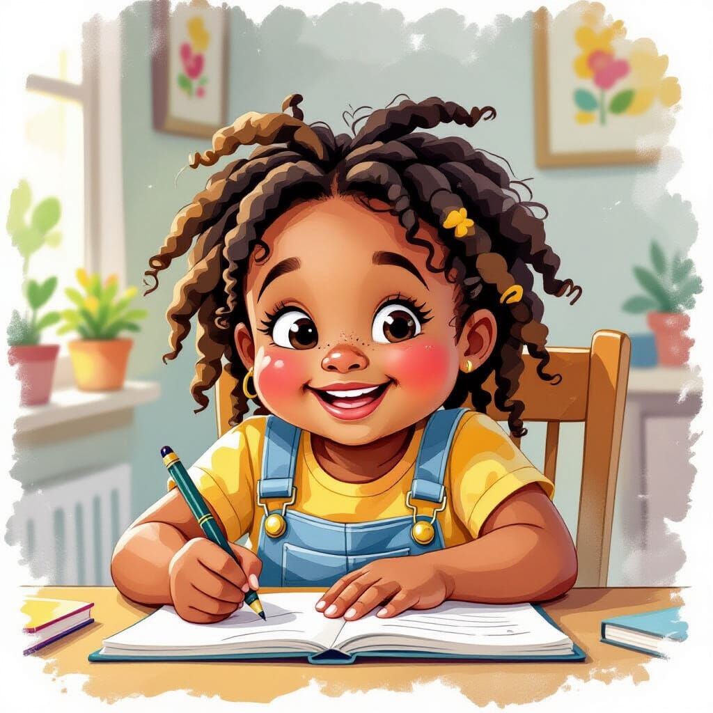 African American Girl Writing in Journal, Watercolor Style