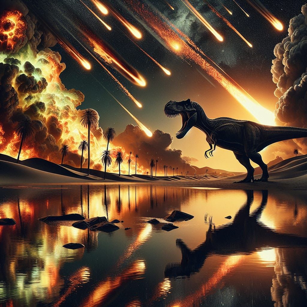 Dinosaur Flees Meteor Shower Over Flaming Desert Landscape