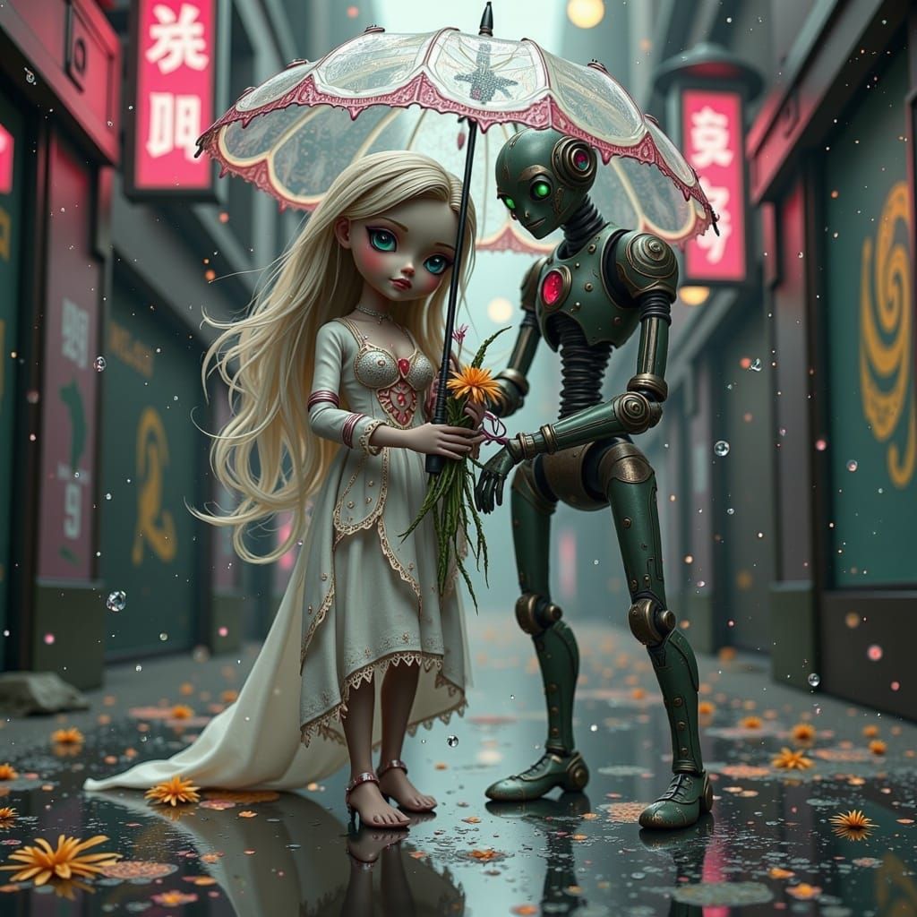 Creepy-Cute Cybernetic Doll in Acid Rain, Cyberpunk Style