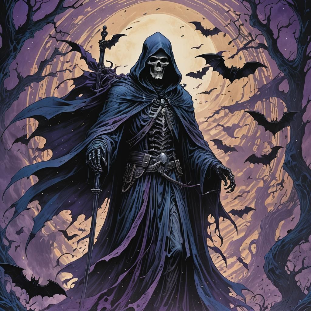 Grim Reaper in Swirling Lights and Bats