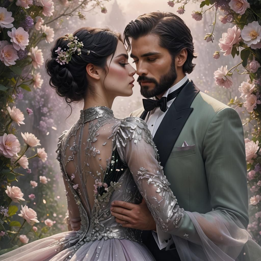 Romantic Kiss in a Dreamy Garden, Digital Matte Painting