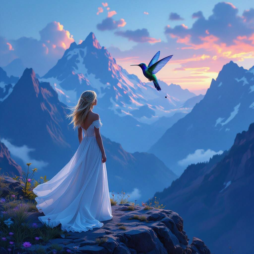 Girl and Hummingbird at Mountain Edge