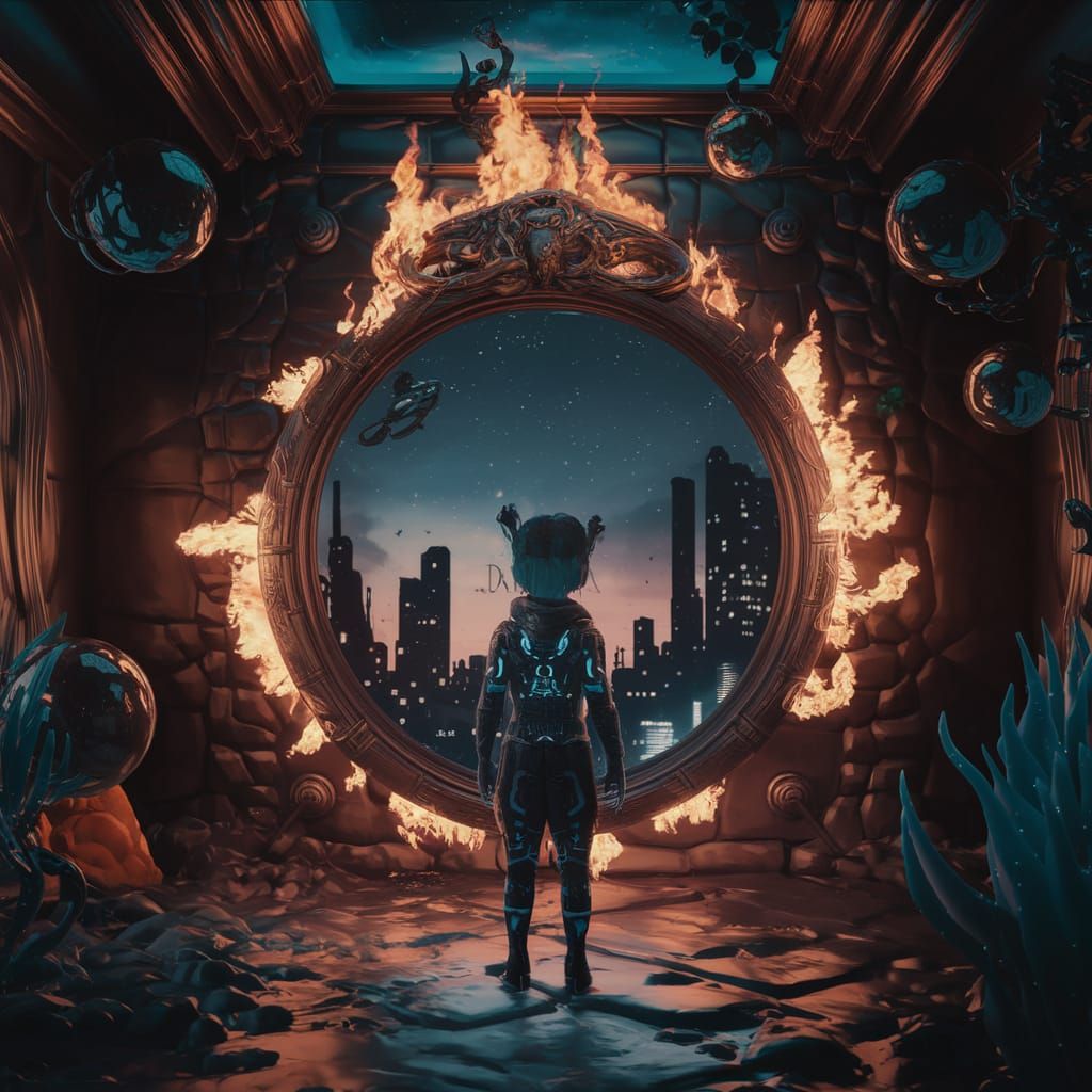 Futuristic Child in Burning Room Concept Art