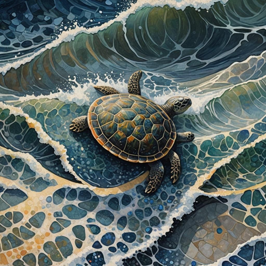 Turtle Surfing Big Waves as Pointillist Art
