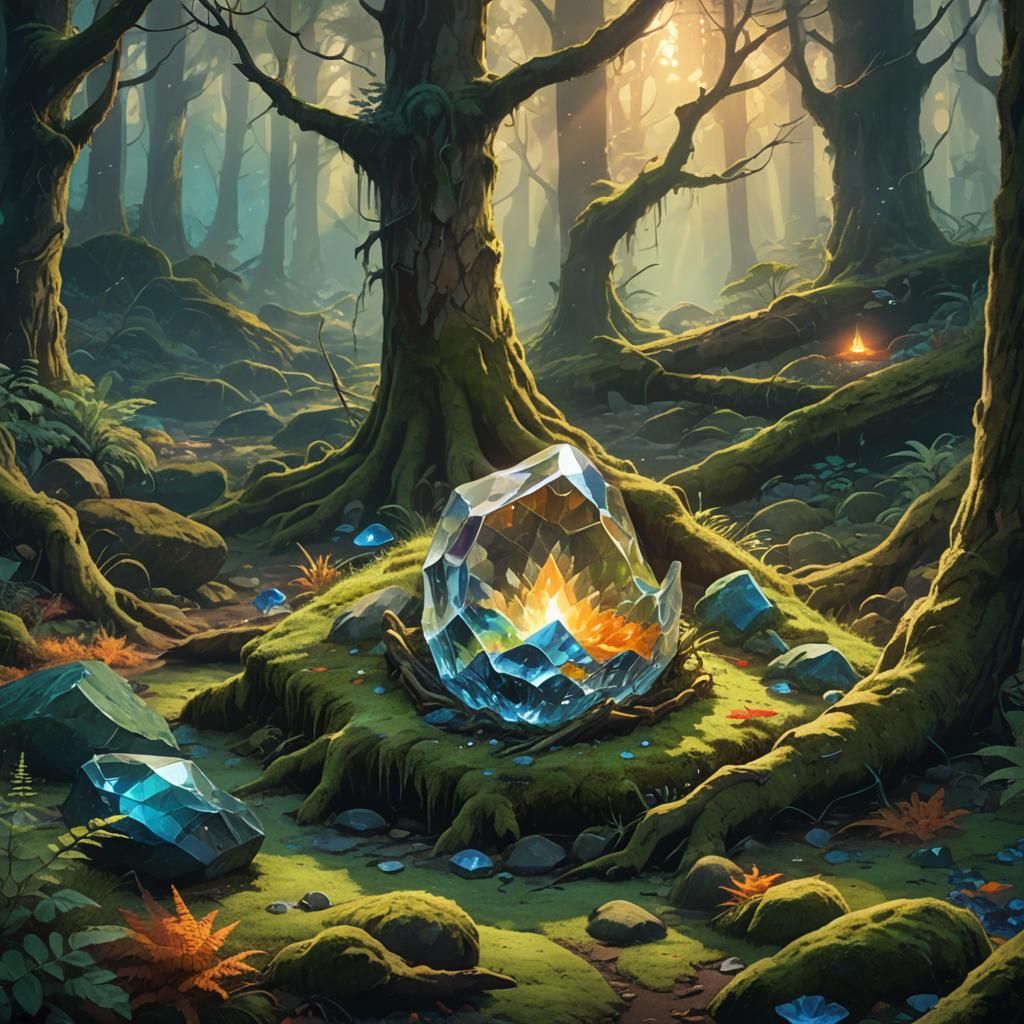 Glowing Crystal in Ancient Forest, Art Nouveau Style