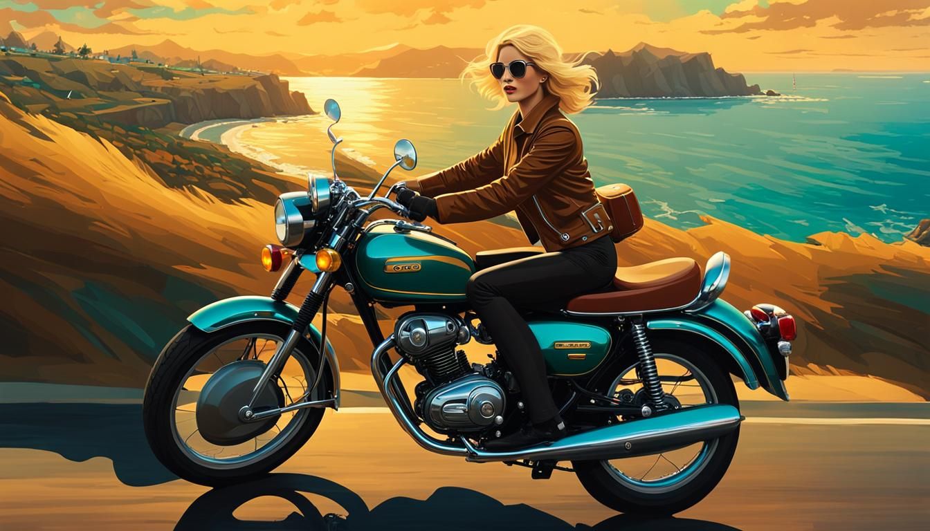 Woman on Gold Motorcycle, Fantasy Concept Art