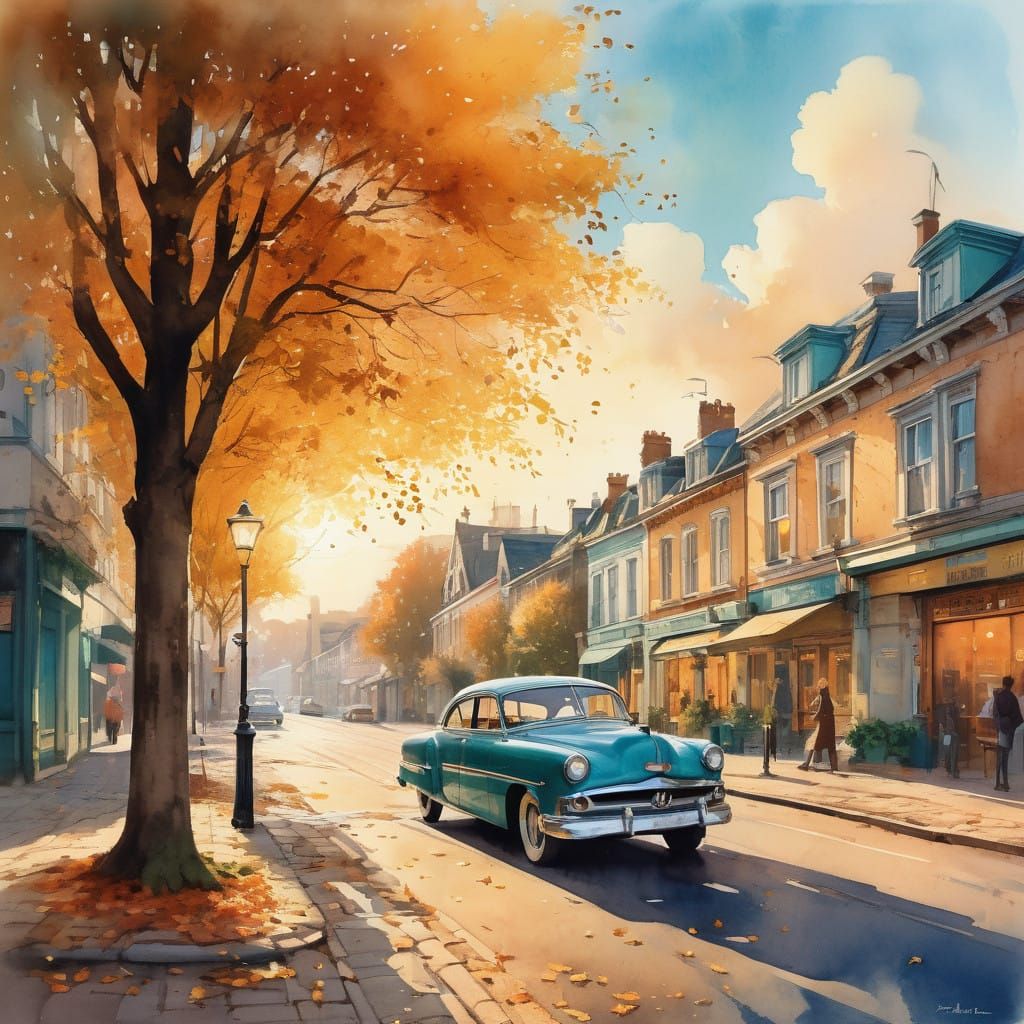Vibrant 1950s Small Town Scene with Elegant Young Woman