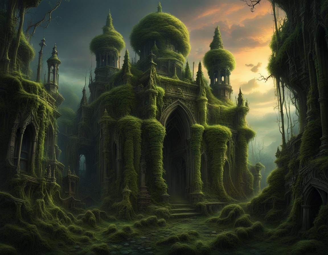 Overgrown Temples with Spooky Lights in Gothic Art