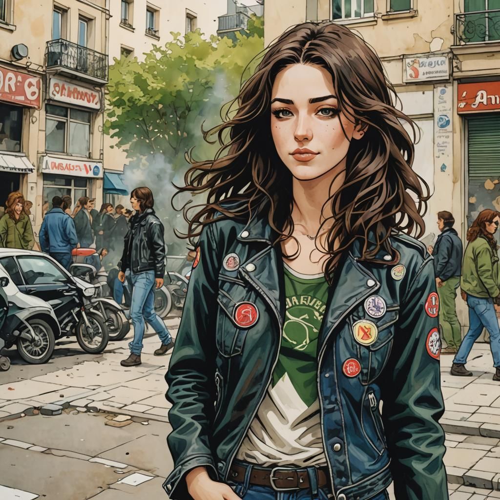 Young Woman Smoking in Paris Suburb: Anime Comic Style