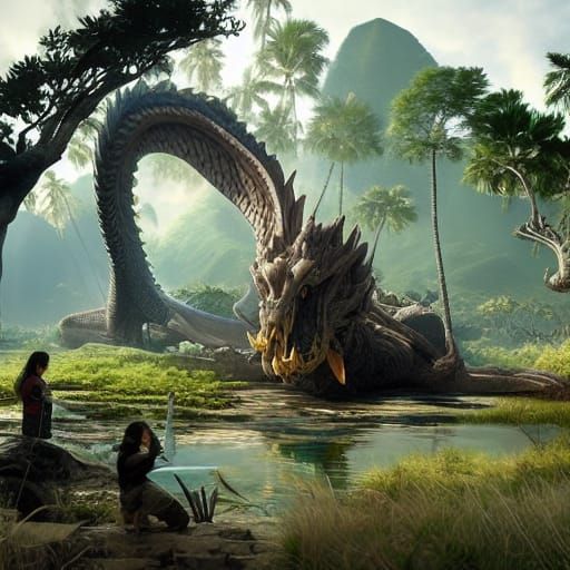 Dragon Fossils in Hawaiian Wetlands: Solarpunk Concept Art