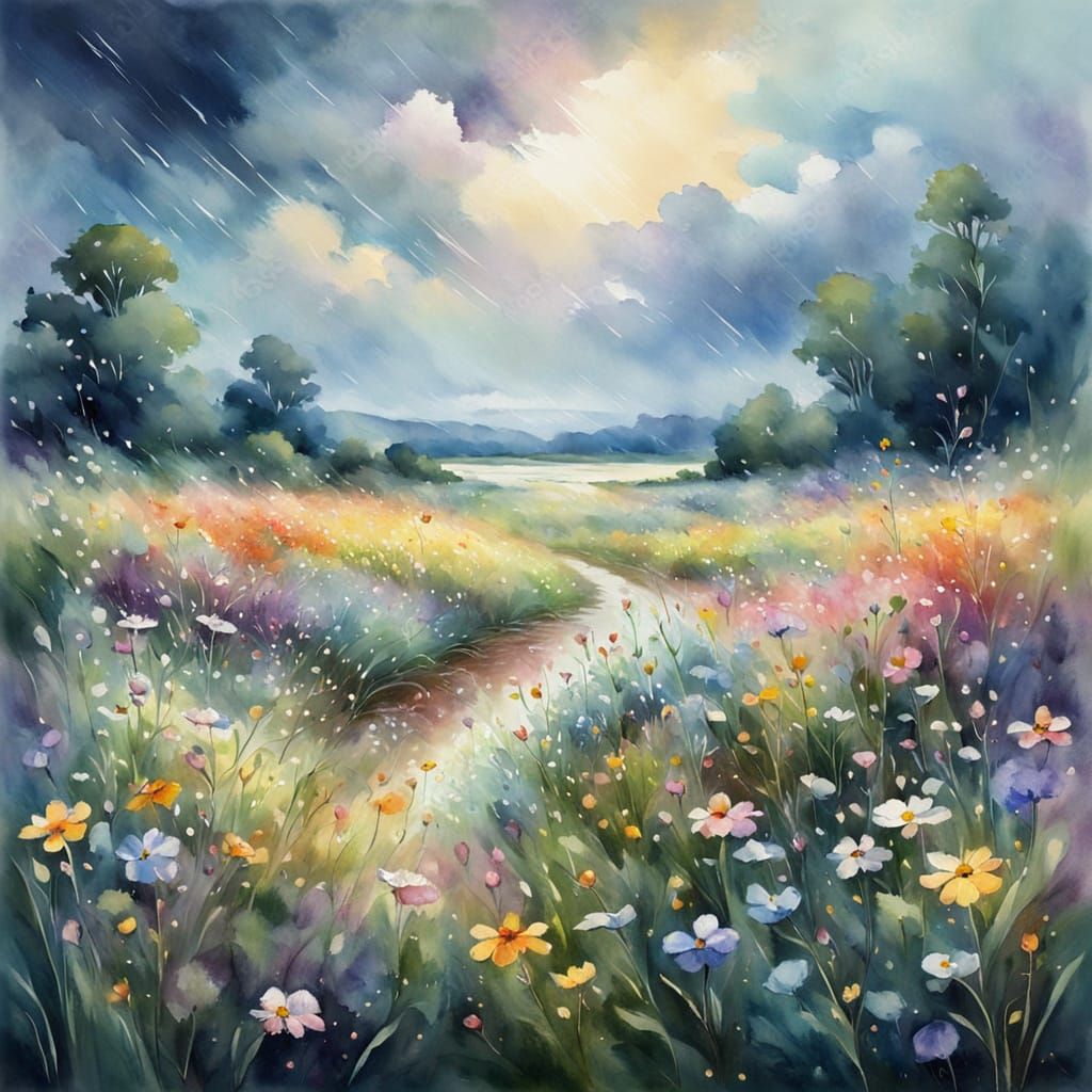 Wildflowers Shimmering in Dreamlike Watercolor Rain