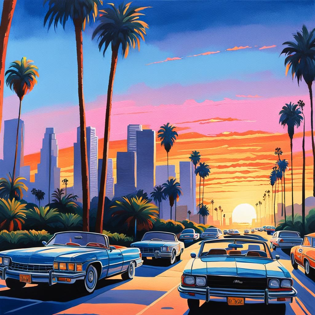 Los Angeles Cityscape in Gouache Style