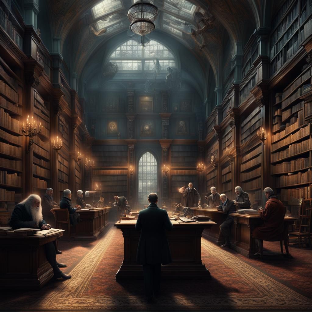 Eerie Figures Meet in Old Library: Digital Painting