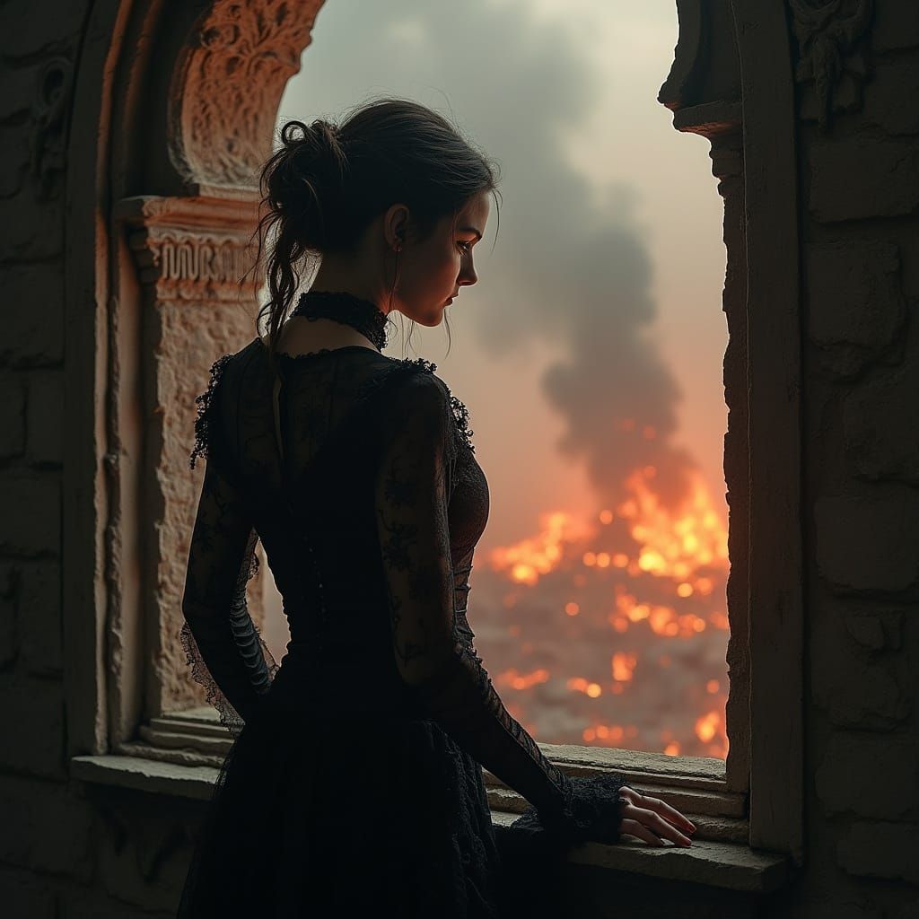A Victorian Woman Stares into the Abyss of a Fiery Apocalyps...