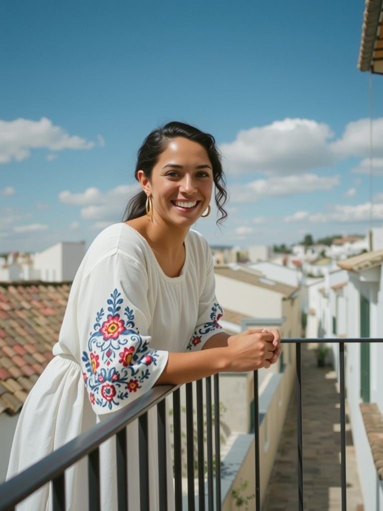 Happy Latina Woman on Ornate Balcony in Sunny Spanish Villag...