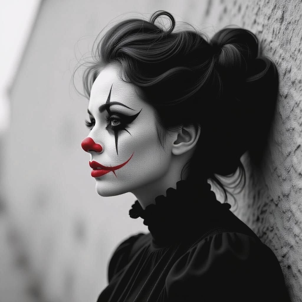 Haunting Grayscale Portrait of a Female Clown